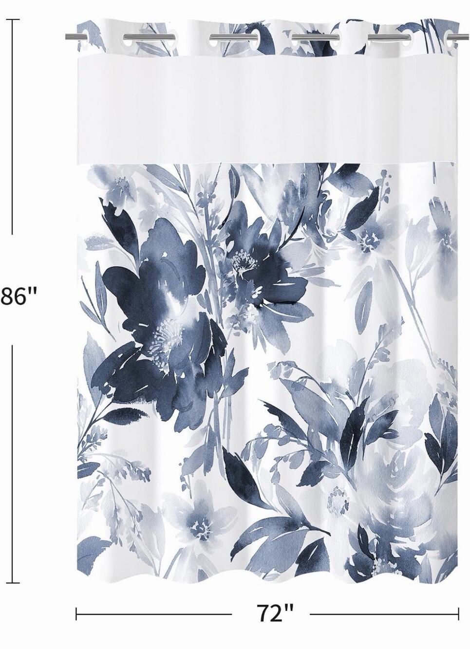 Extra Long Floral Shower Curtain 72x86 No Hook Snap-In Liner Navy Botanical